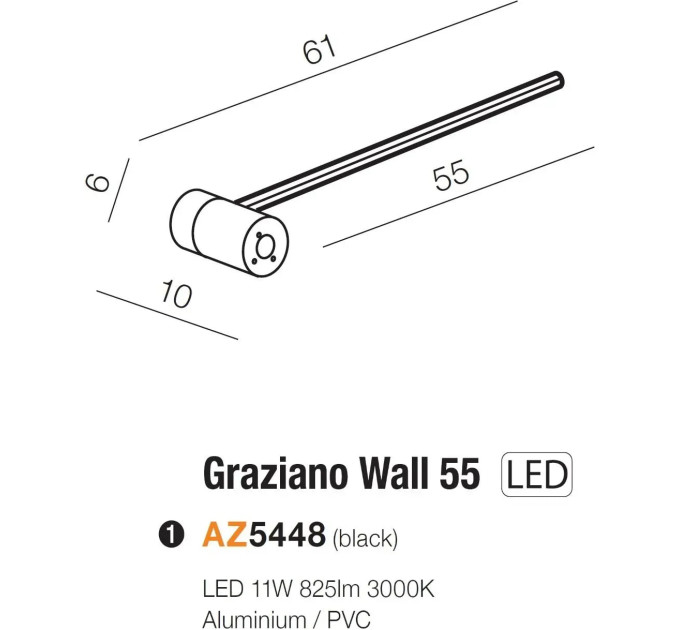 Настінний світильник Azzardo AZ5448 Graziano Wall 55 BK, 11 Вт, 825 лм, 3000K